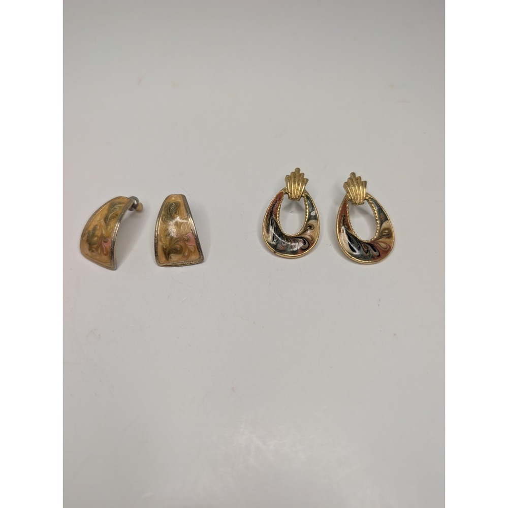 Vintage‎ USA Made Enamel Swirl Earrings Lot 2 Pairs Gold Tone Teardrop &...